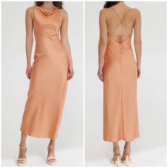Significant Other Aila Dress Open Back Cowl Neck Satin Midi Nougat - Picture 1 of 13
